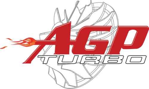 Vertically stacked AGP Turbo text logo with flame and turbo fan illustration.