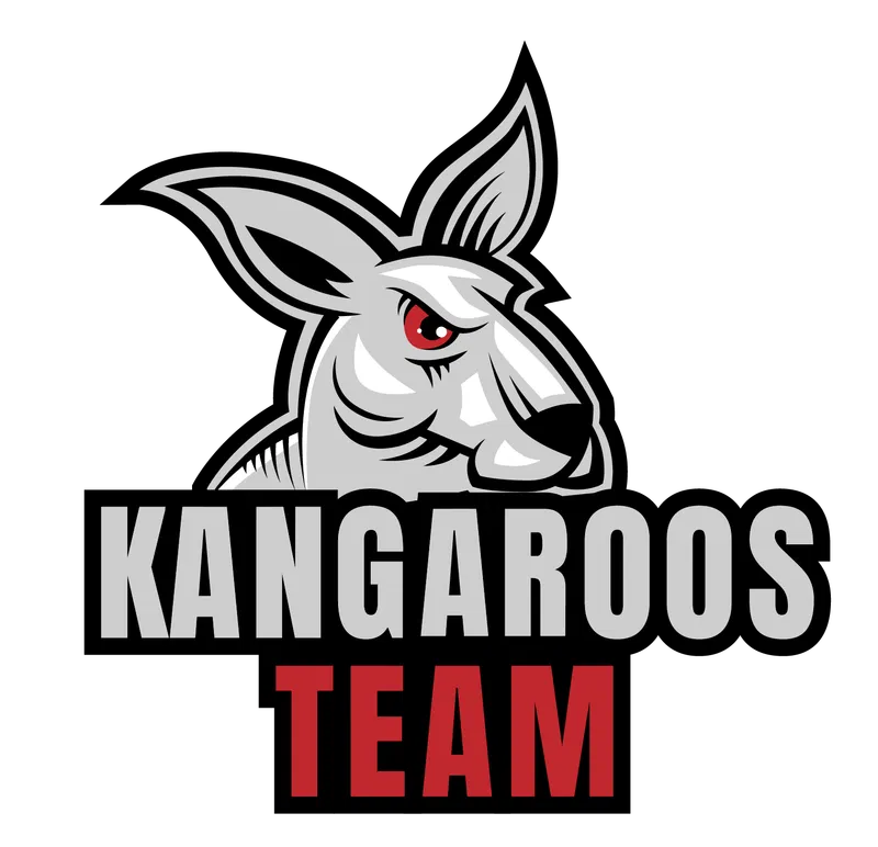 Grey, black, white, and red logo with illustrated kangaroo and san serif block font.