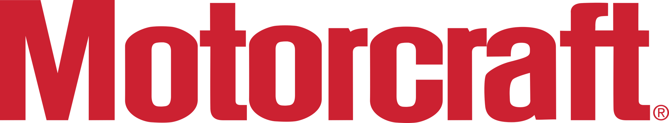 Red Motorcraft brand san serif font text logo.