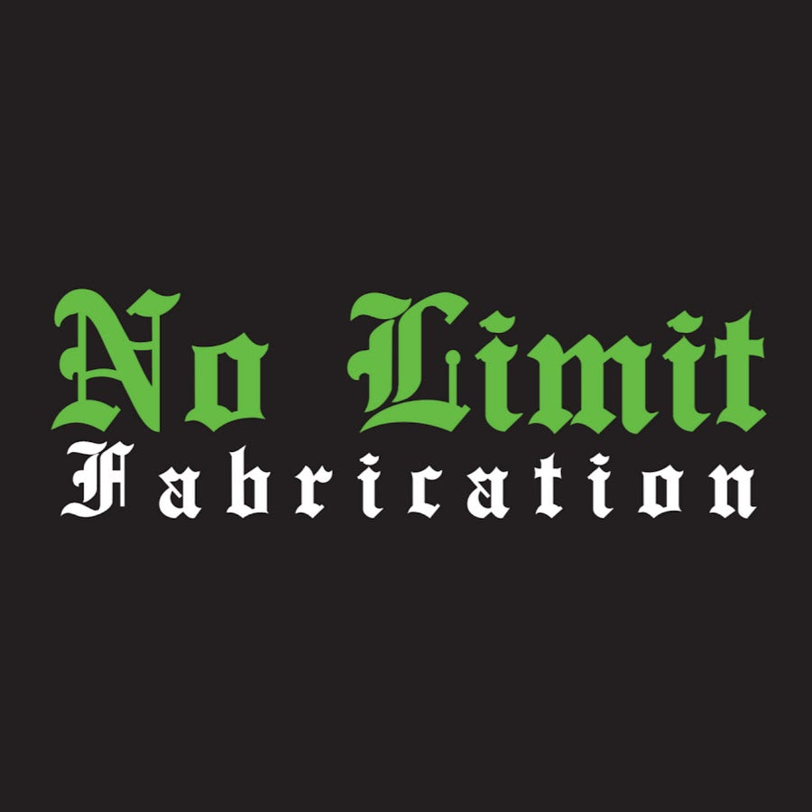 No Limit Fabrication script text logo with green and white type on a black background.