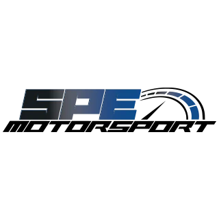 Grey, black, and blue san serif logo with speed tack illustration.