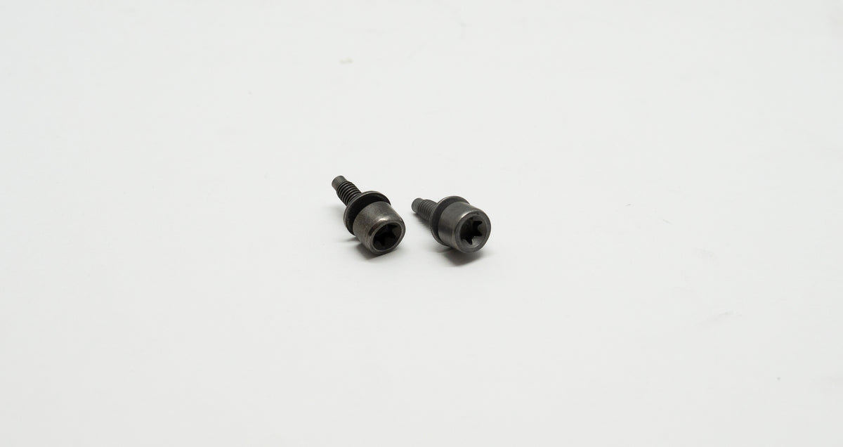 Two black bolts with washers on a white background
