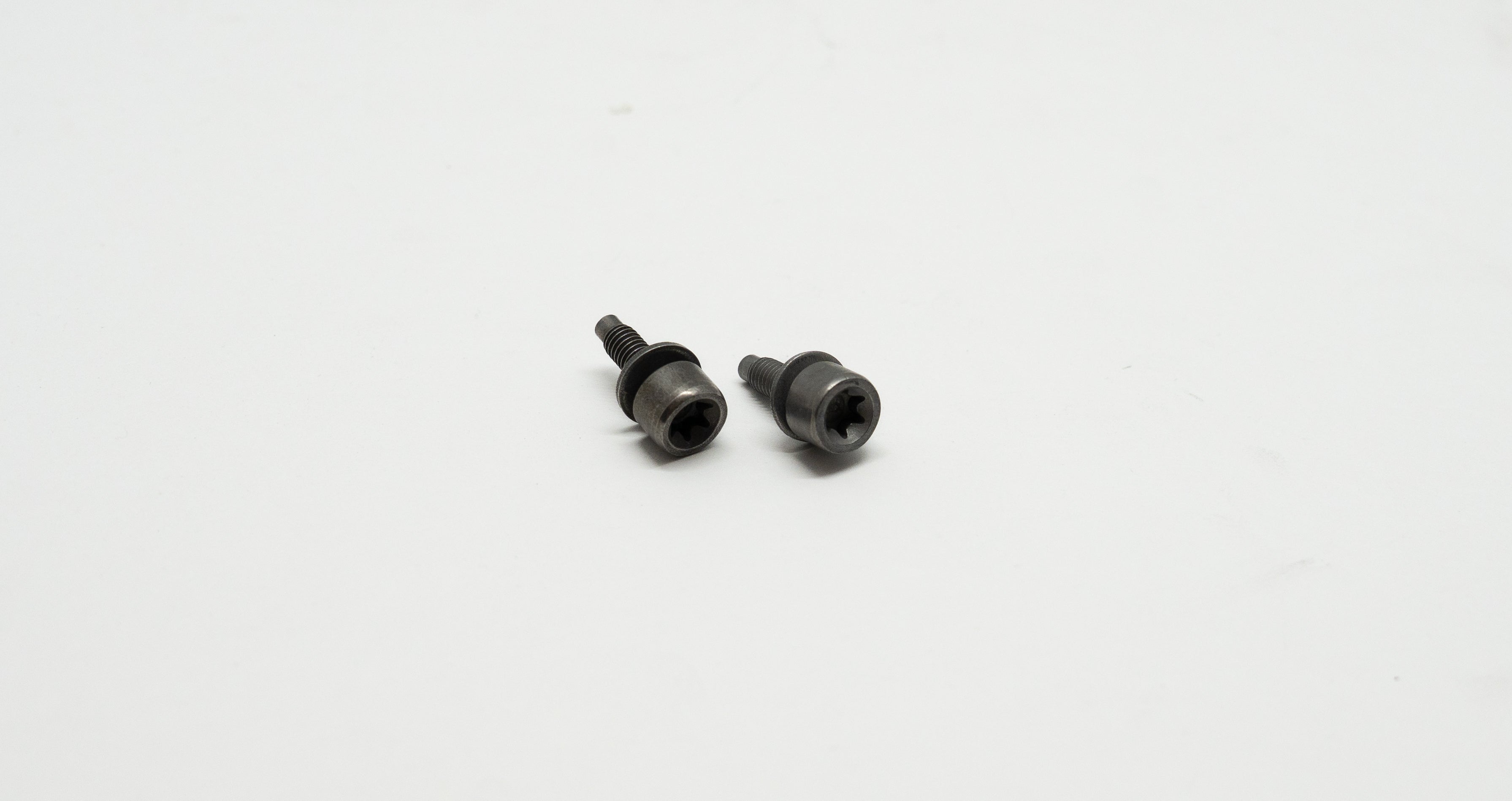 Two black bolts with washers on a white background