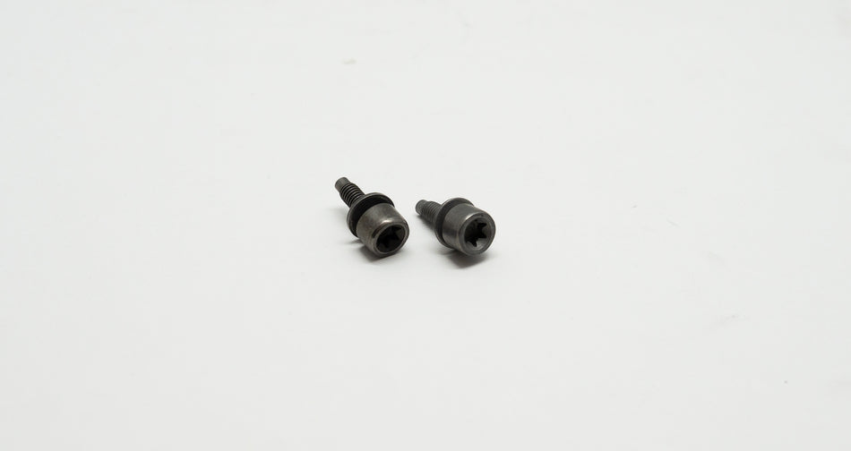 Two black bolts with washers on a white background