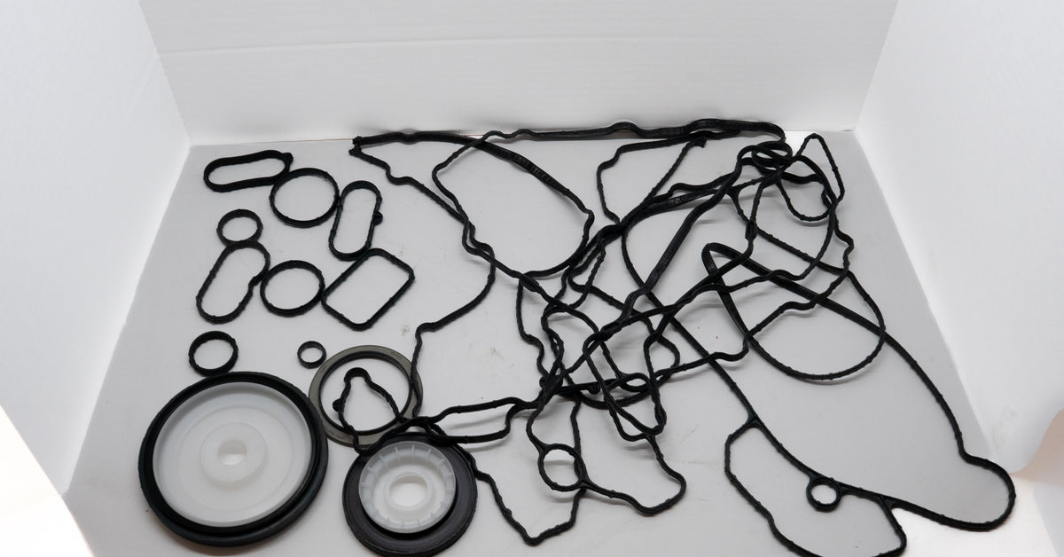 Set of mechanical gaskets and seals on a white background