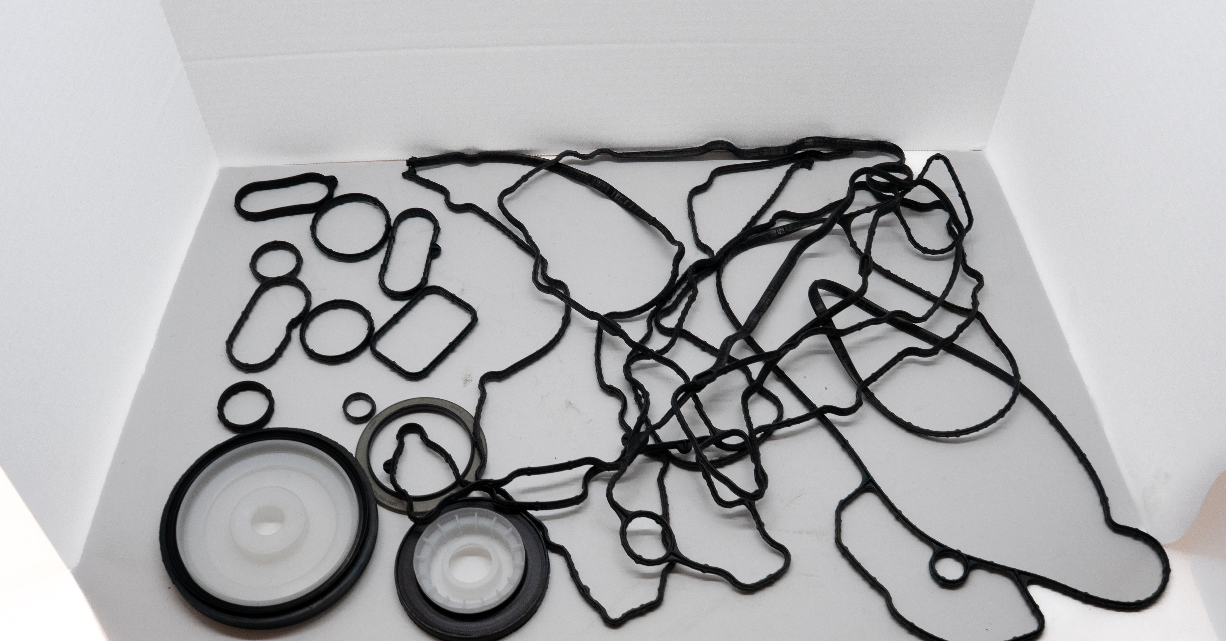 Set of mechanical gaskets and seals on a white background