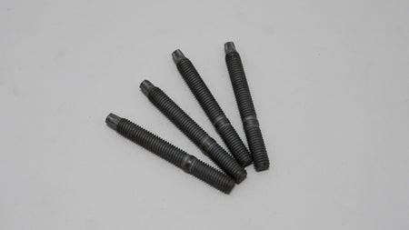 Five black threaded exhaust manifold studs on a gray background