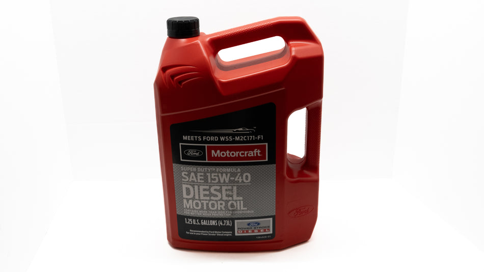 Red motor oil container with 'Motorcraft' branding on a white background