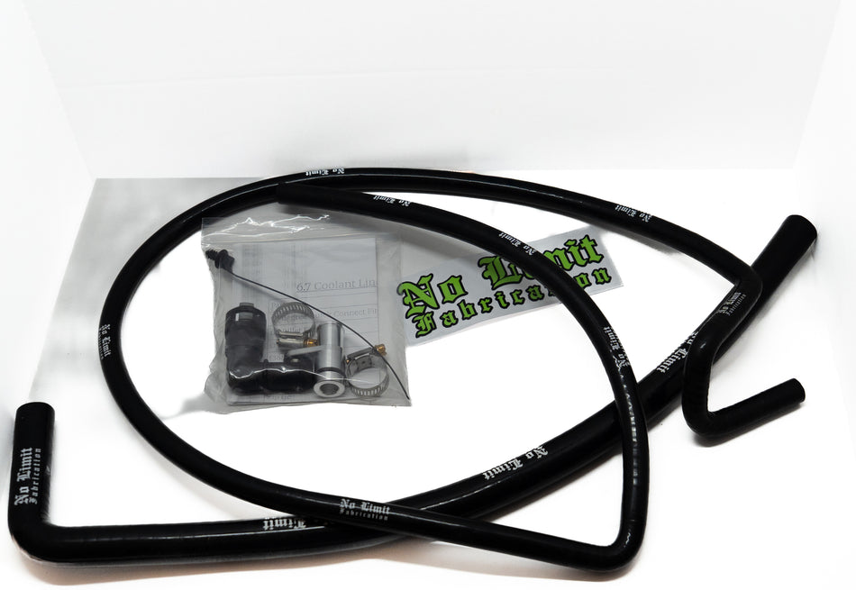Coolant line kit including black hose, clamps, and packaging on a white background with a No Limits Fabrication sticker. 