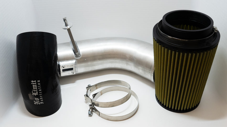 Car air intake system with black and silver components on a white background