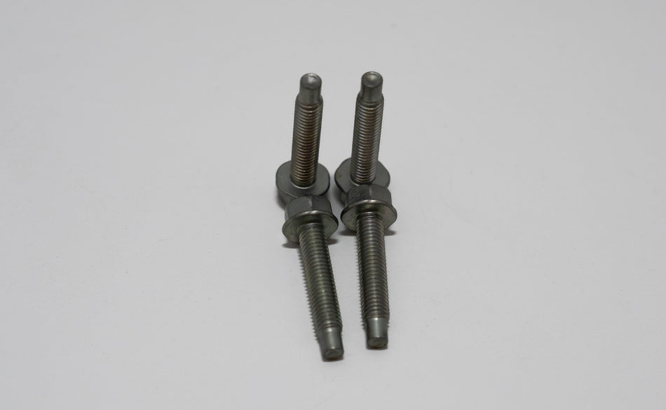 Two metal automotive screws on a gray background
