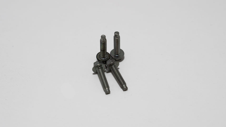 Four automotive tie down bolts, with hex screw head on white background.
